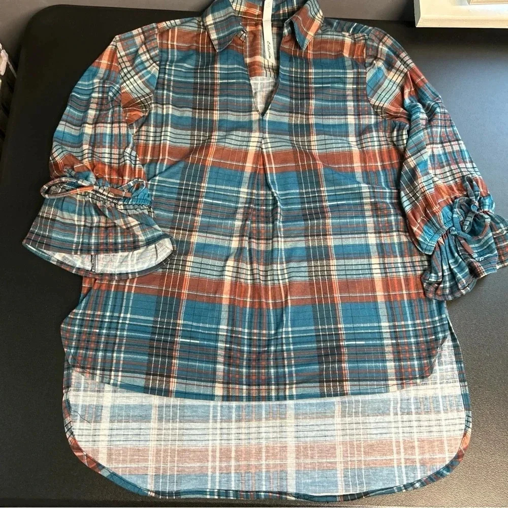 Women's Small Plaid V Neck Popover Flannel Shirt Bow‎ Colorful Cowgirl Autumn - Picture 7 of 14